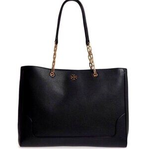 Tory Burch Black Leather Tote with Gold Chain